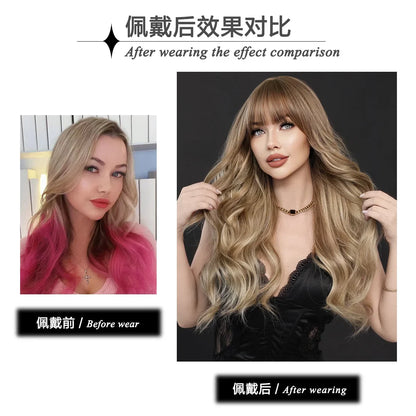 Synthetic Light Brown Long Wavy Wigs with Bangs for Women