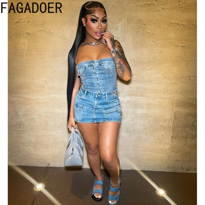 FAGADOER Blue Fashion Denim Two Piece