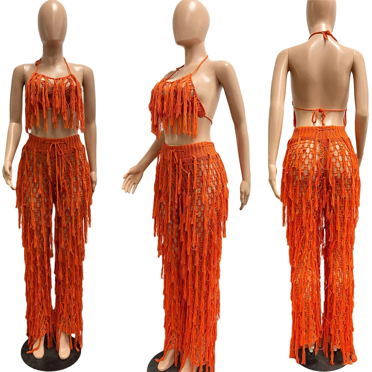 ANJAMANOR Fringed Knit Crochet Two Piece