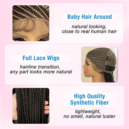 36 Inches Synthetic Full Lace Braided Wigs with Baby Hair Cornrow Twist Knotless Box Braid Wig