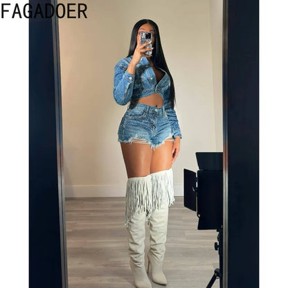 FAGADOER Retro FRhinestone Denim Dos piezas