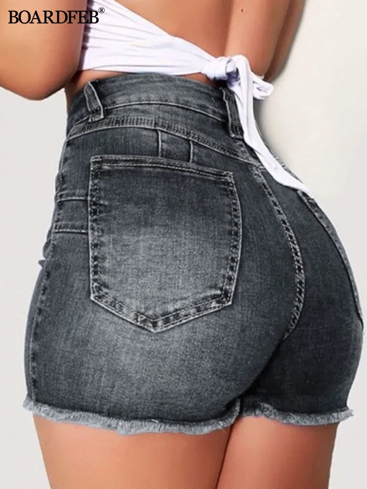 Broken Denim Shorts High Waist Stretch