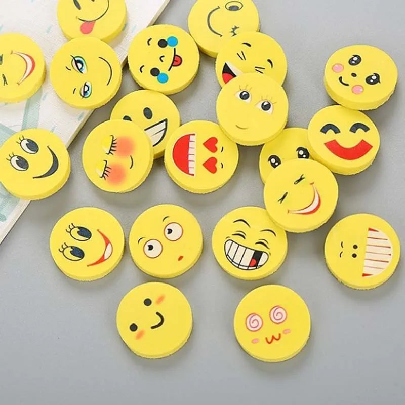 33pcs Round Shape Smiling Face Rubber Earsers School Stationery Novelty Pencil Eraser Office Accessories Kids Learning Supplies