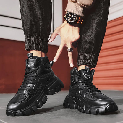 NonSlipThe New Round Shape Shoes Men Leather Boots Black High Gang Platform Boots