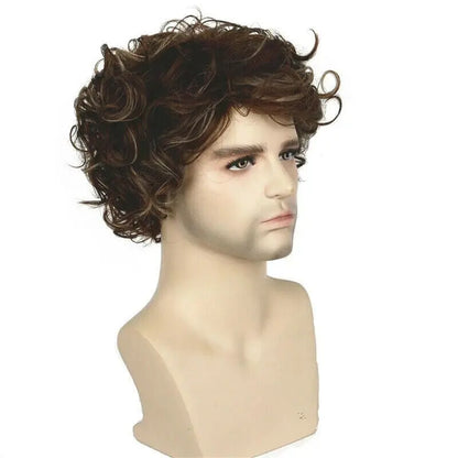 Mens Brown Blonde Wig Short Wavy Wigs Natural Synthetic Curly Hair Full Wig