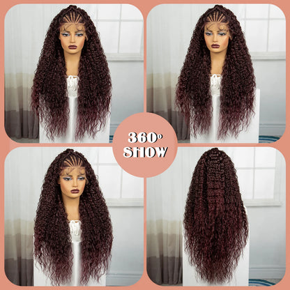 Burgundy Knotless Synthetic Lace Front Braids Wig Curly Hair with Baby Hair