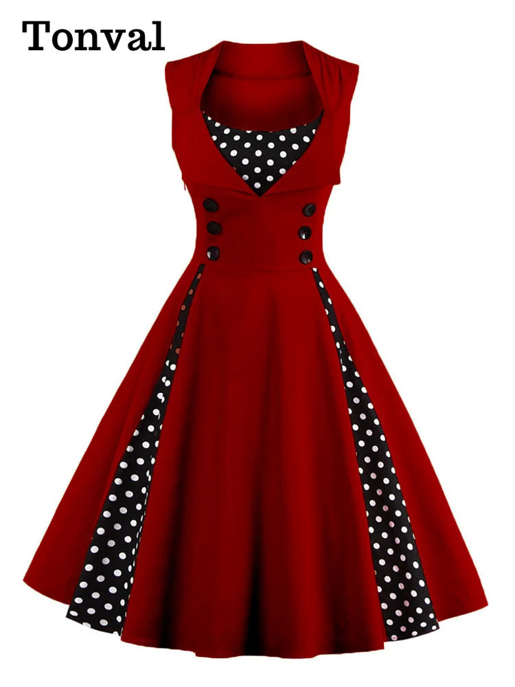 Tonval Elegant Polka Dot Sleeveless Pinup Vintage Retro Dress Women Button High Waist Summer Party 4XL 5XL Cotton Dresses