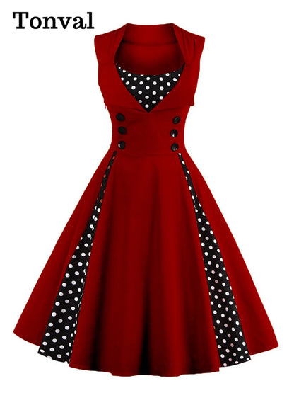 Tonval-vestido Retro Vintage sin mangas, elegante, de lunares, Pinup, con botones, cintura alta, para fiesta de verano, 4XL, 5XL, vestidos de algodón