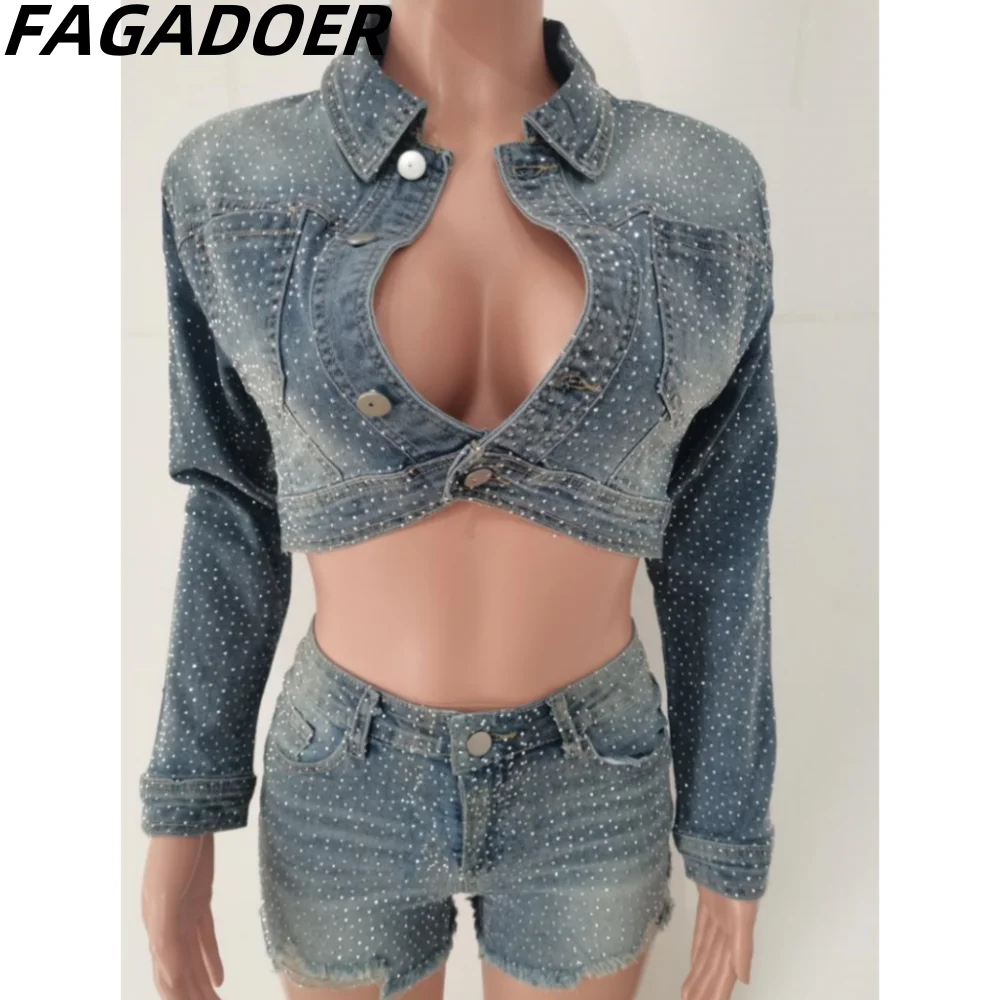 FAGADOER Retro FRhinestone Denim Dos piezas