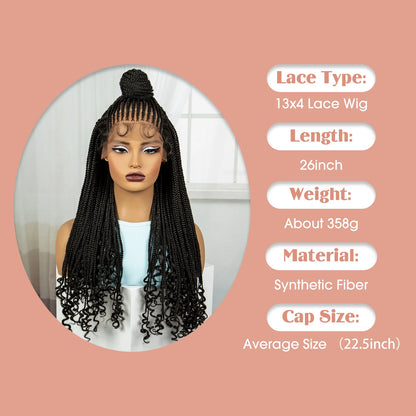 26 inches Synthetic Lace Front Updo Braided Wigs With Curly Ends 13x4 Cornrow Braiding Hair Wigs with Baby Hair for Black Women