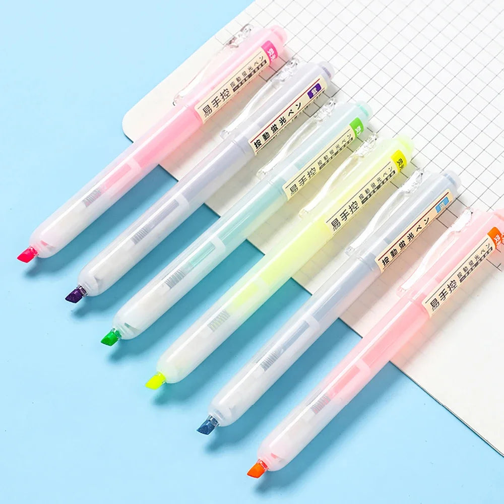 6Pcs/set Retractable Highlighters Refillable Pastel Highlighter Pen Fluorescence Markers for Journaling School Office Supplies