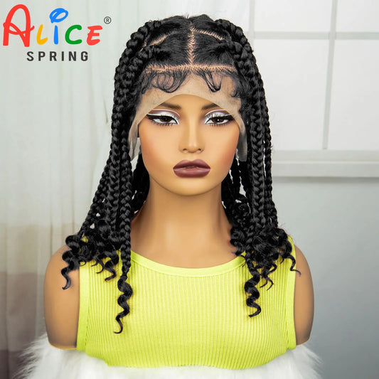 Synthetic Full Lace Braided Knotless Box Braided Lace Wig with Curly Ends with Baby Hair