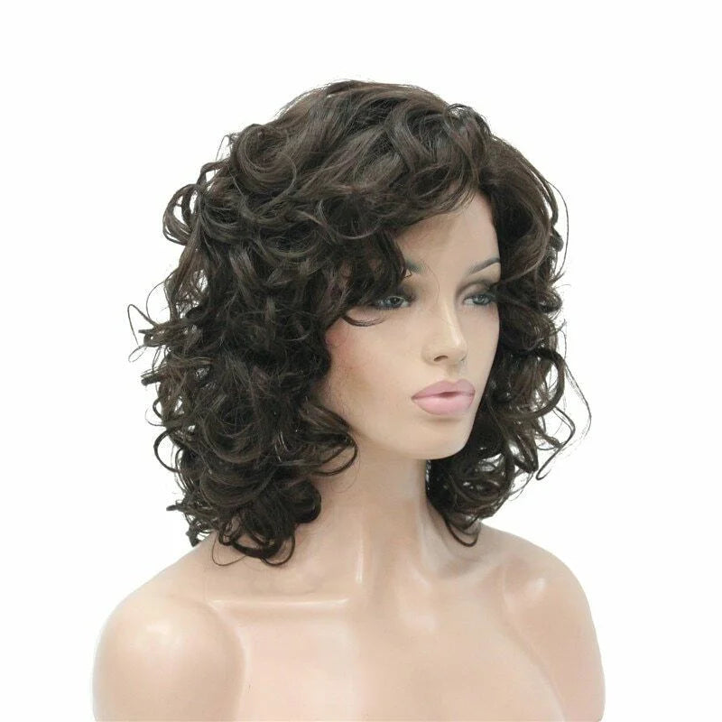 Women's Wig Black/Dark Brown Medium Wig Curly Hair Natural Synthetic Full Wigs