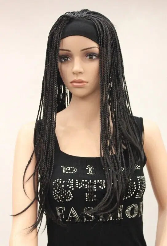 Synthetic Long Straight Hand Made Braids 3/4 Half Full Wig Headband for Women