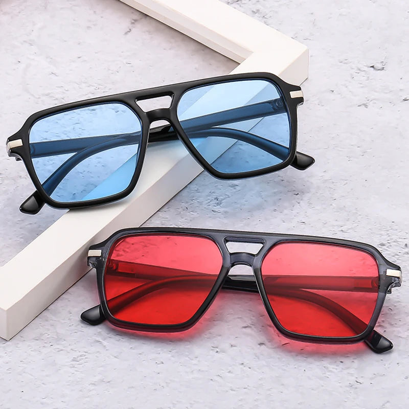 SO&EI Vintage Double Bridges Square Sunglasses Men Gradient Mirror Eyewear Shades UV400 Women Trending Blue Yellow Sun Glasses