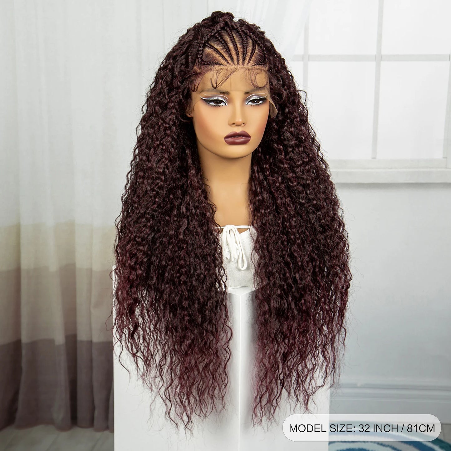 Burgundy Knotless Synthetic Lace Front Braids Wig Curly Hair with Baby Hair