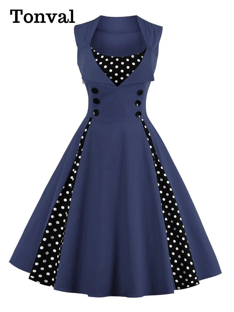 Tonval Elegant Polka Dot Sleeveless Pinup Vintage Retro Dress Women Button High Waist Summer Party 4XL 5XL Cotton Dresses