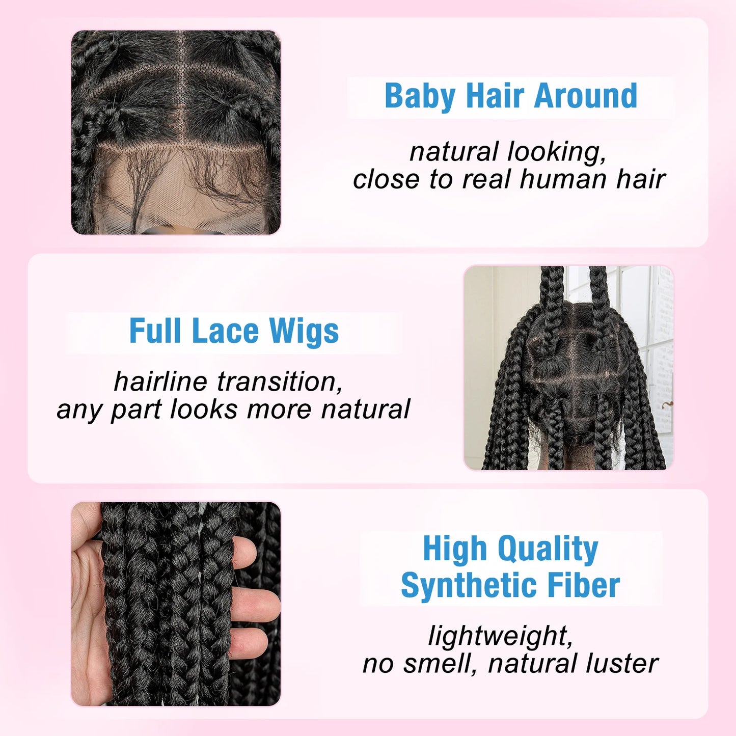 Full Lace Cornrow Braids Synthetic Lace Front Wig Big Square Knotless Box Braids Wig with Baby Hair Braided Wigs for Black Women