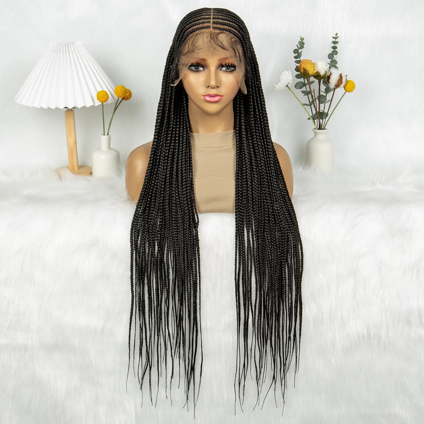 KIMA Synthetic 36 inch Cornrow Braided Wigs Transparent Full Lace Wig Fulani Stitch Box Braids With Baby Hair