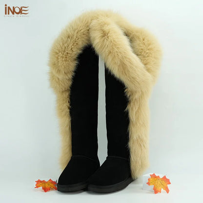 Botas de nieve de invierno largas hasta la rodilla de piel de zorro INOE Fashion