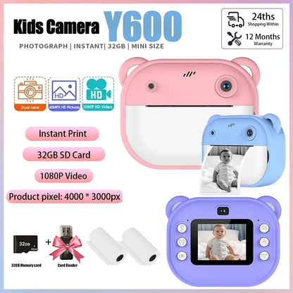 Children Digital Camera Instant Print for Kids Thermal Print Camera Instant Photo Printing Camera Video Toys+32G Memory Card