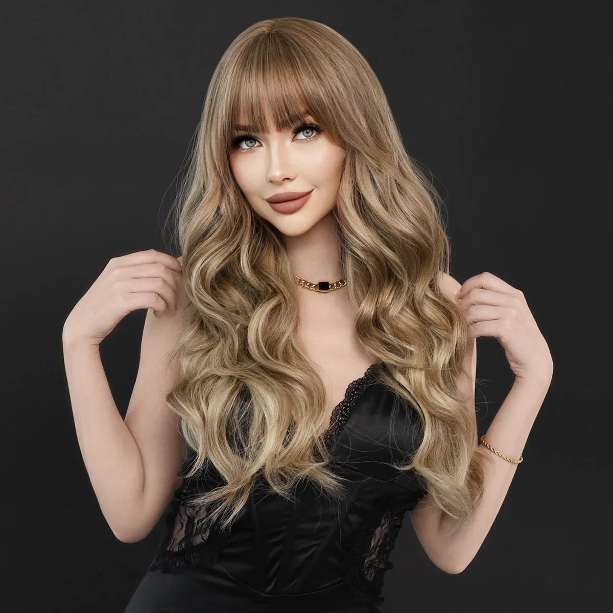 Synthetic Light Brown Long Wavy Wigs with Bangs for Women