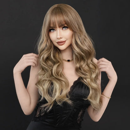 Synthetic Light Brown Long Wavy Wigs with Bangs for Women