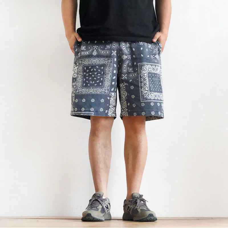 Men's Water Washed Carbon Gray Cashew Flower Loose Casual Five Piece Pants Beach Shorts Trend