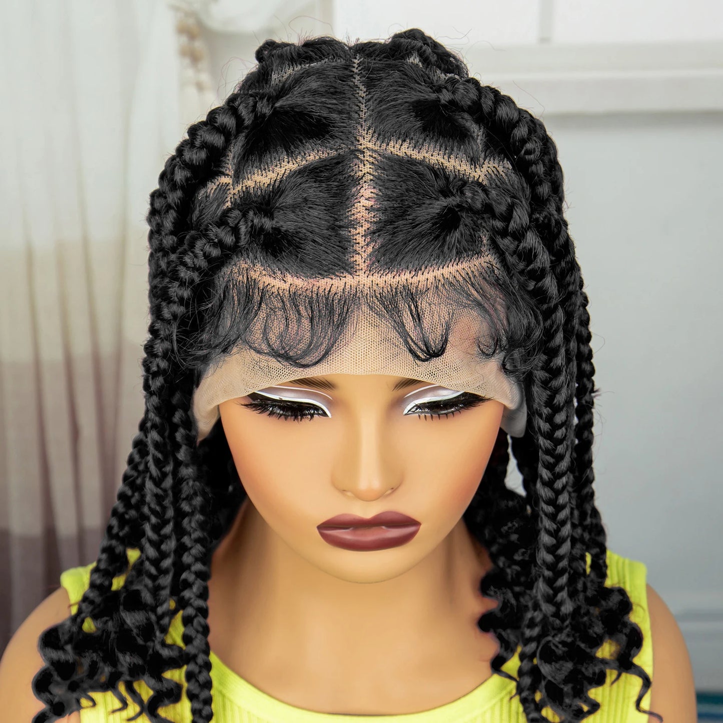 Synthetic Full Lace Braided Knotless Box Braided Lace Wig with Curly Ends with Baby Hair