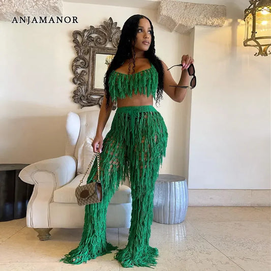 ANJAMANOR Fringed Knit Crochet Two Piece