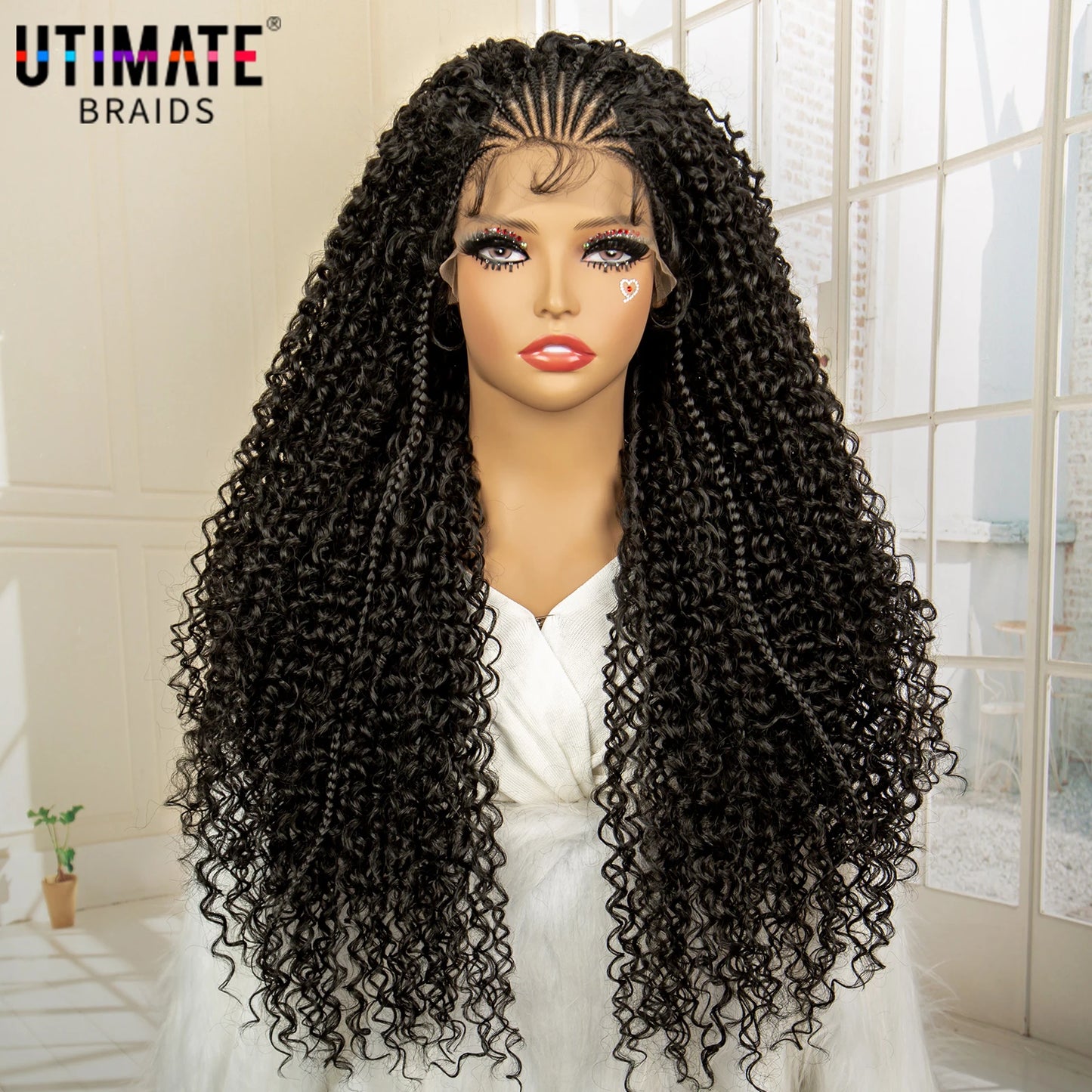 Synthetic Curly with Braids Wig 13x4 Lace Frontal Cornrow Braided Wigs with Baby Hair 28 Inches Wave Hair Wig