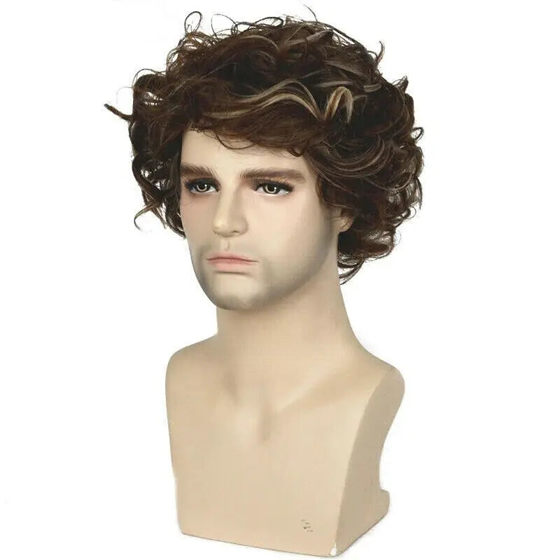 Mens Brown Blonde Wig Short Wavy Wigs Natural Synthetic Curly Hair Full Wig