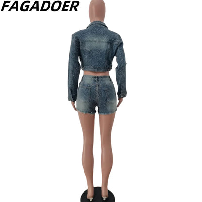 FAGADOER Retro FRhinestone Denim Dos piezas