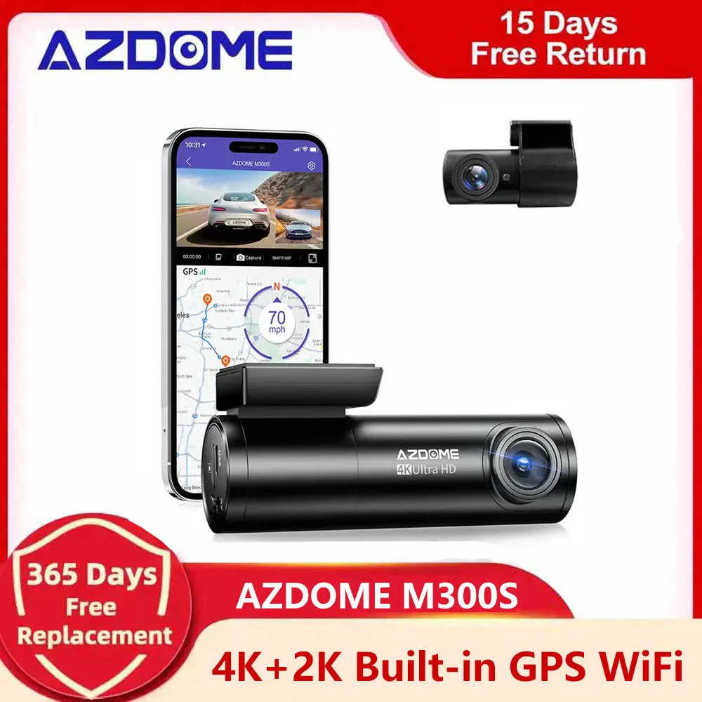 Grabadoras de coche AZDOME M300S 4K + 1080P HD cámara trasera (64G TF gratis) GPS incorporado WiFi coche DVR Control de voz cámara de salpicadero visión nocturna