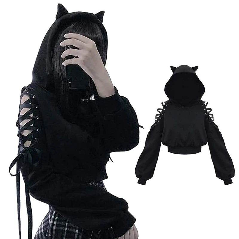 Cat Ears Long Sleeve Hoodies Hollow Out Cold Shoulder Lace-Up Loose Crop Top Harajuku Graphic  Drawstring