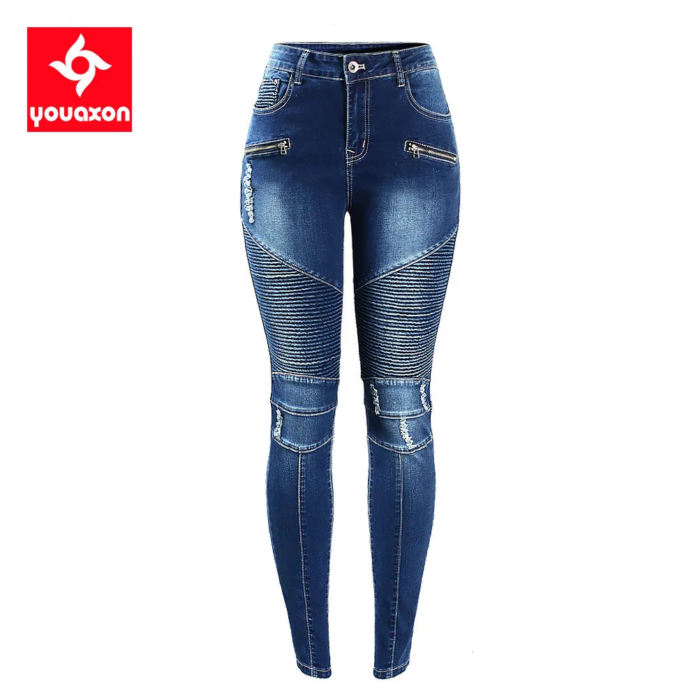 Biker Style  Mid High Waist Denim Jeans