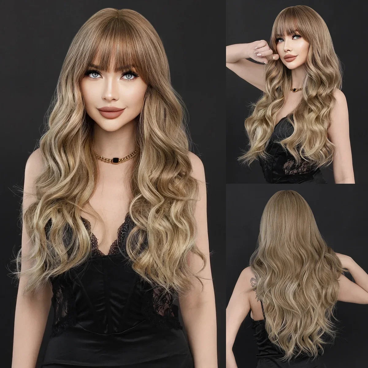 Synthetic Light Brown Long Wavy Wigs with Bangs for Women