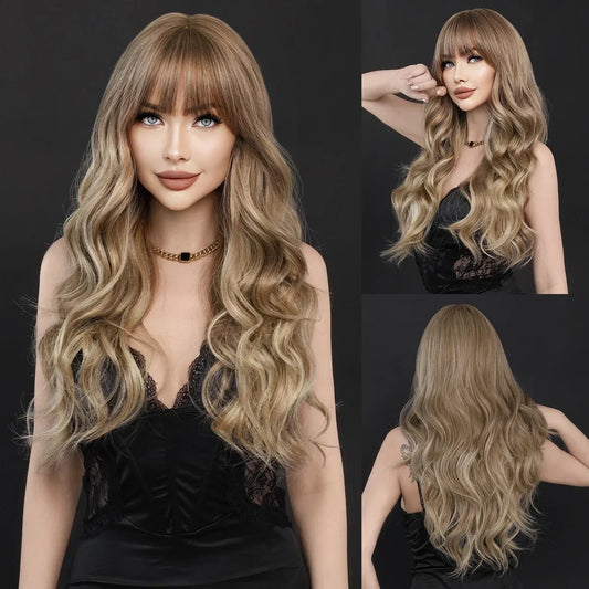 Synthetic Light Brown Long Wavy Wigs with Bangs for Women