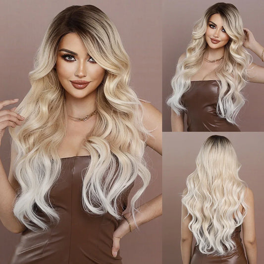 Long Wavy Light Brown To Blonde Platinum Middle for Women's Part Hair Wig Heat Resistant