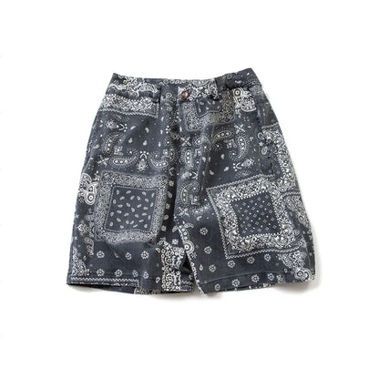 Men's Water Washed Carbon Gray Cashew Flower Loose Casual Five Piece Pants Beach Shorts Trend