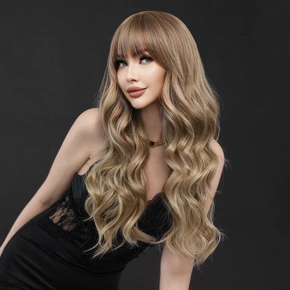 Synthetic Light Brown Long Wavy Wigs with Bangs for Women