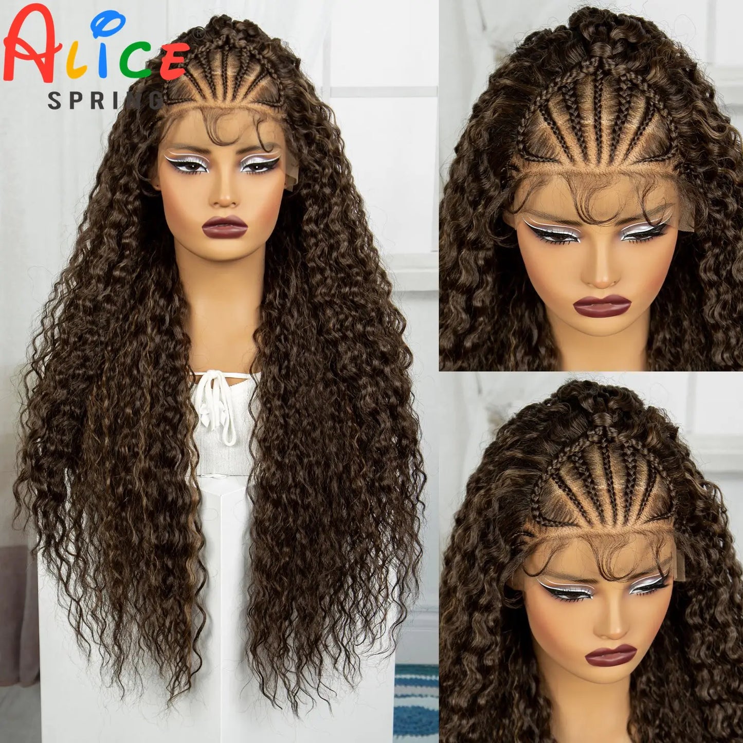 32Inch Cornrow Braided Wigs 13x4 Synthetic Lace Front Braids Wig with Baby Hair Curly Knotless