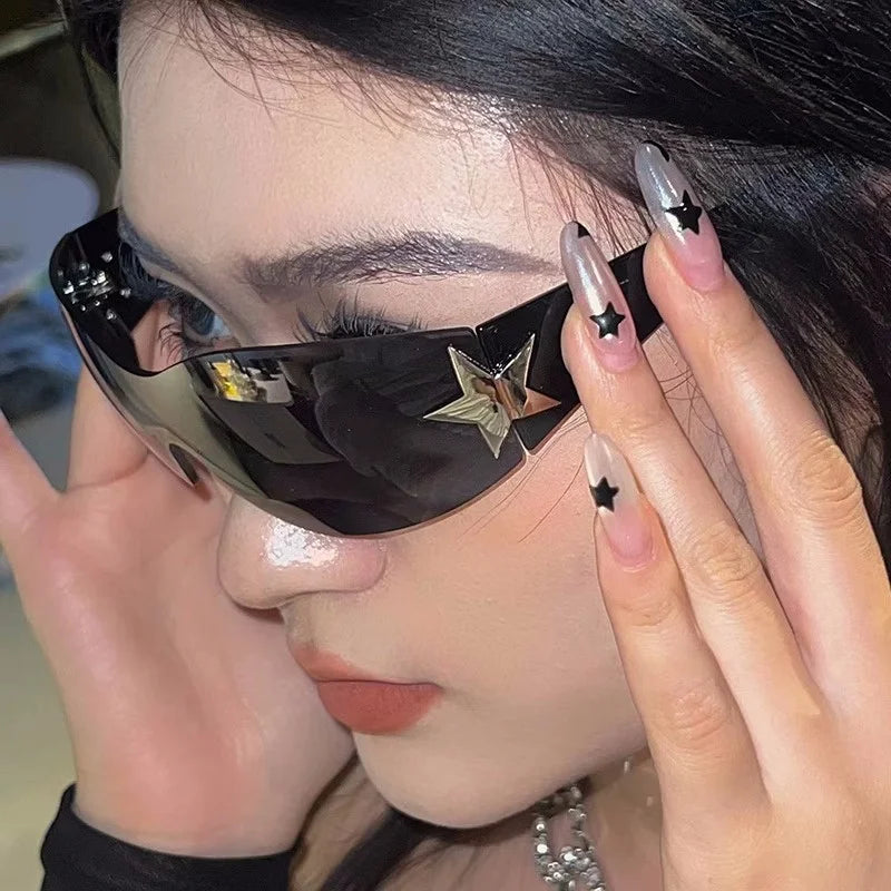 Y2K Fashion Rimless Sunglasses for Women Men Trendy 2000'S Sun Glasses Punk One Piece Goggles Fashion Shades Oculos De Sol