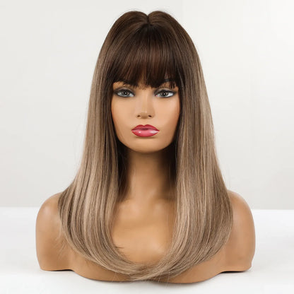 Long Mix Brown Straight Middle Part Ombre with Bangs Middle Cos Wigs