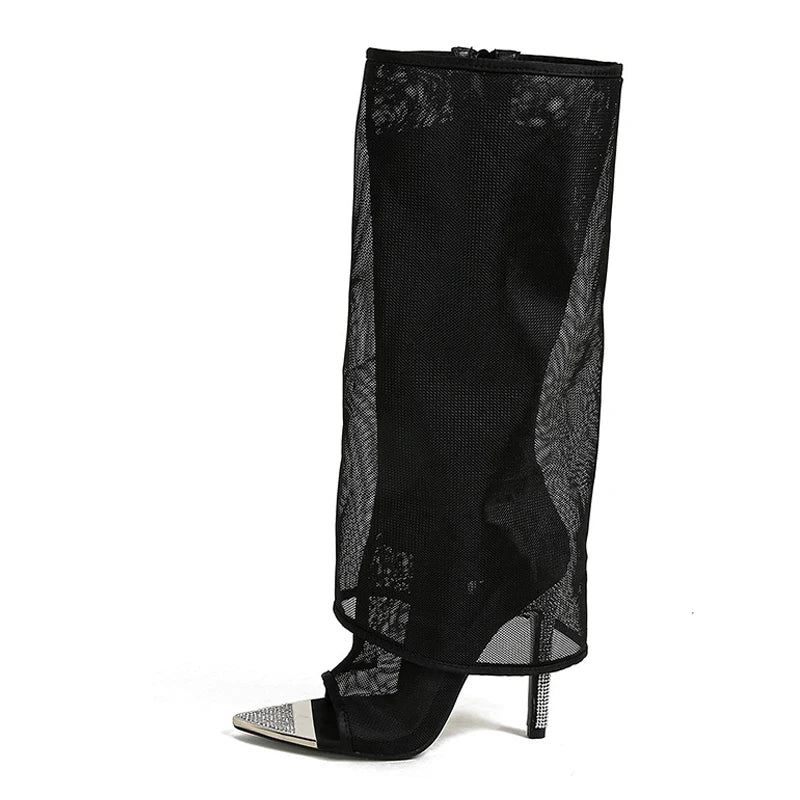 Liyke Sexy Metal Pointed Toe Black Mesh Knee High Boots