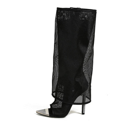 Liyke Sexy Metal Pointed Toe Black Mesh Knee High Boots