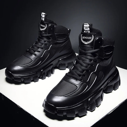 NonSlipThe New Round Shape Shoes Men Leather Boots Black High Gang Platform Boots