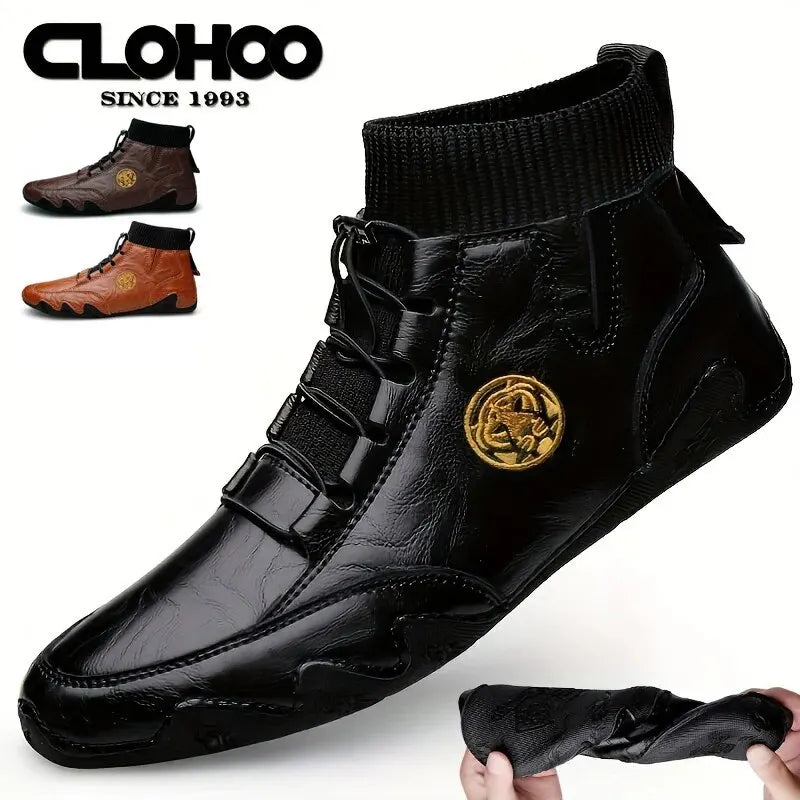 CLOHOO Men's Genuine Leather Handmade Wear-resistant Elastic Band And Insoles Casual Boots