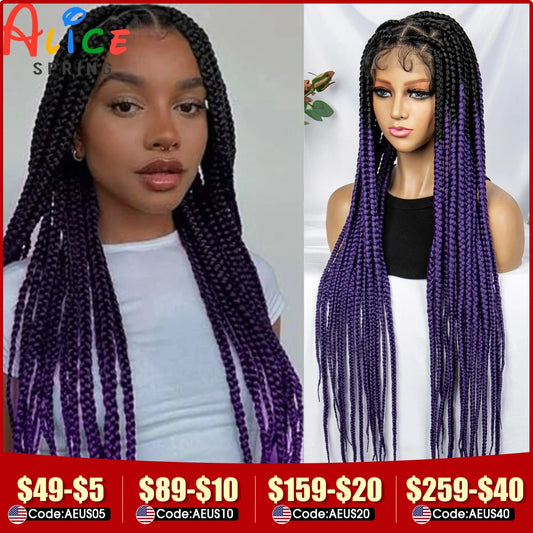 Synthetic Full Lace Braided Wigs Purple Colored Transparent Knotless Box Braids Wig Lace Front Braiding Hair Wig for Black Women