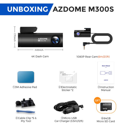 Grabadoras de coche AZDOME M300S 4K + 1080P cámara trasera (64G TF gratis) lente de 800MP GPS Wifi coche DVR Control de voz cámara de salpicadero visión nocturna